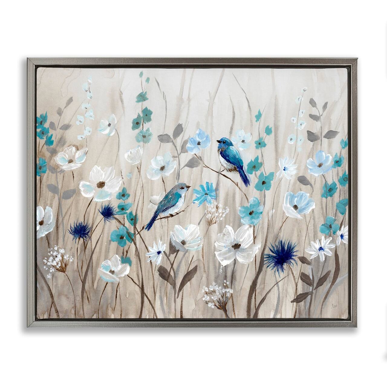 Stupell Industries Birds Floral Meadow Blossoms Floater Framed Art
